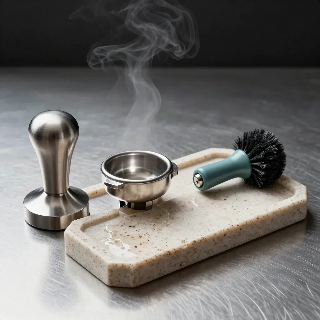 Espresso tamper, blind basket, brush, and stone drip tray in a premium flat lay.