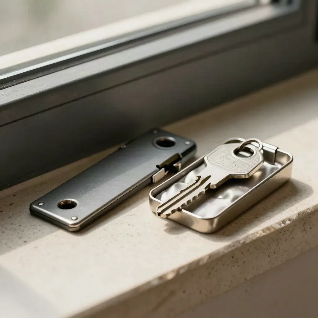 Key blanks, latch plate, and metal tray on stone in a close-up still life