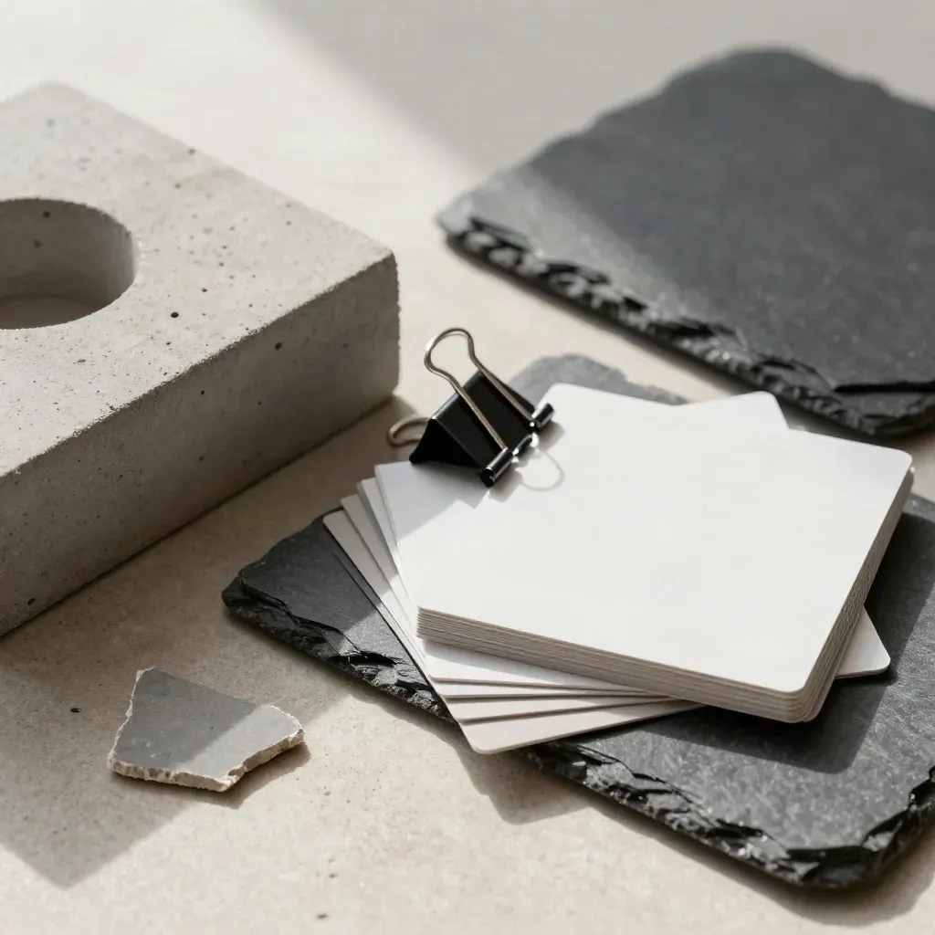 Macro flat lay of concrete pucks, slate fragments, graphite clips, and blank sample cards on stone.