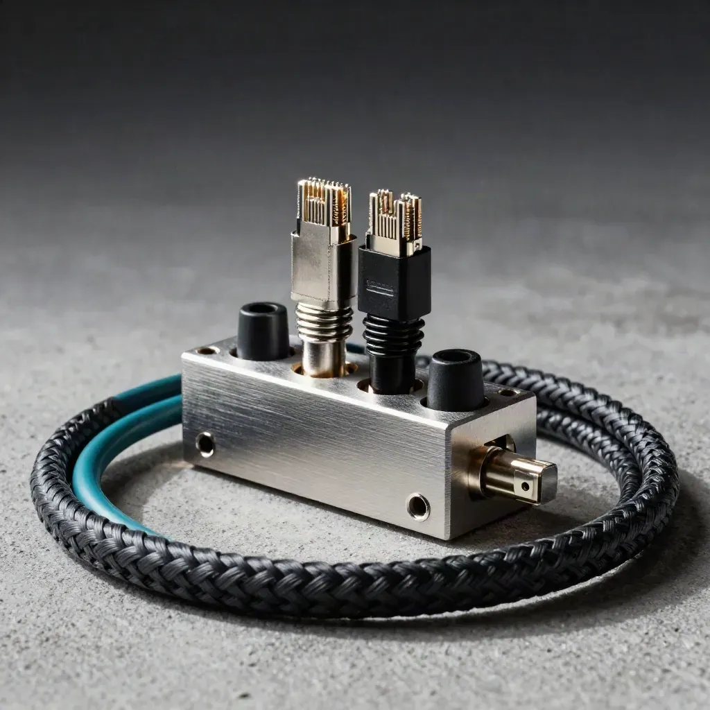 Braided Ethernet leads, couplers and an aluminium junction block on concrete with teal accents.