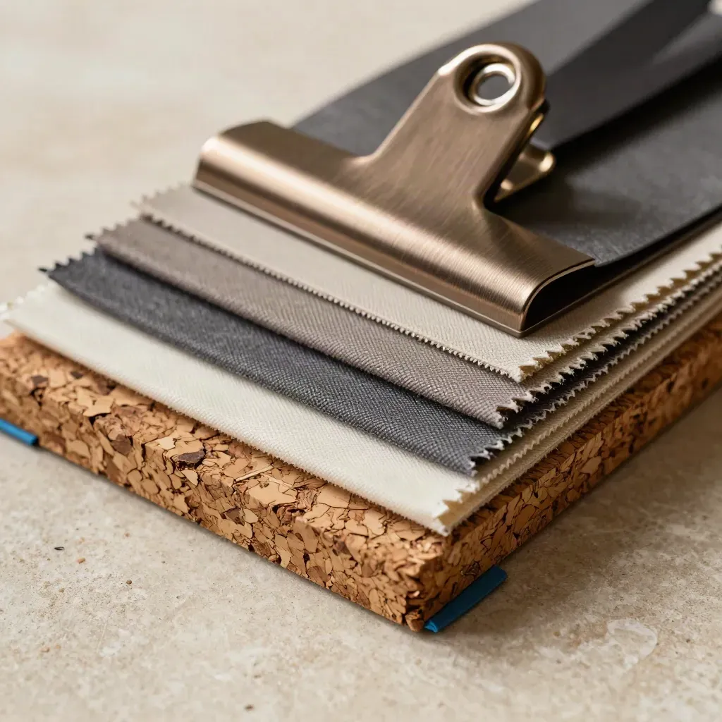 Top-down staging sample bundle of cork chips, fabric swatches and a metal clip on stone.