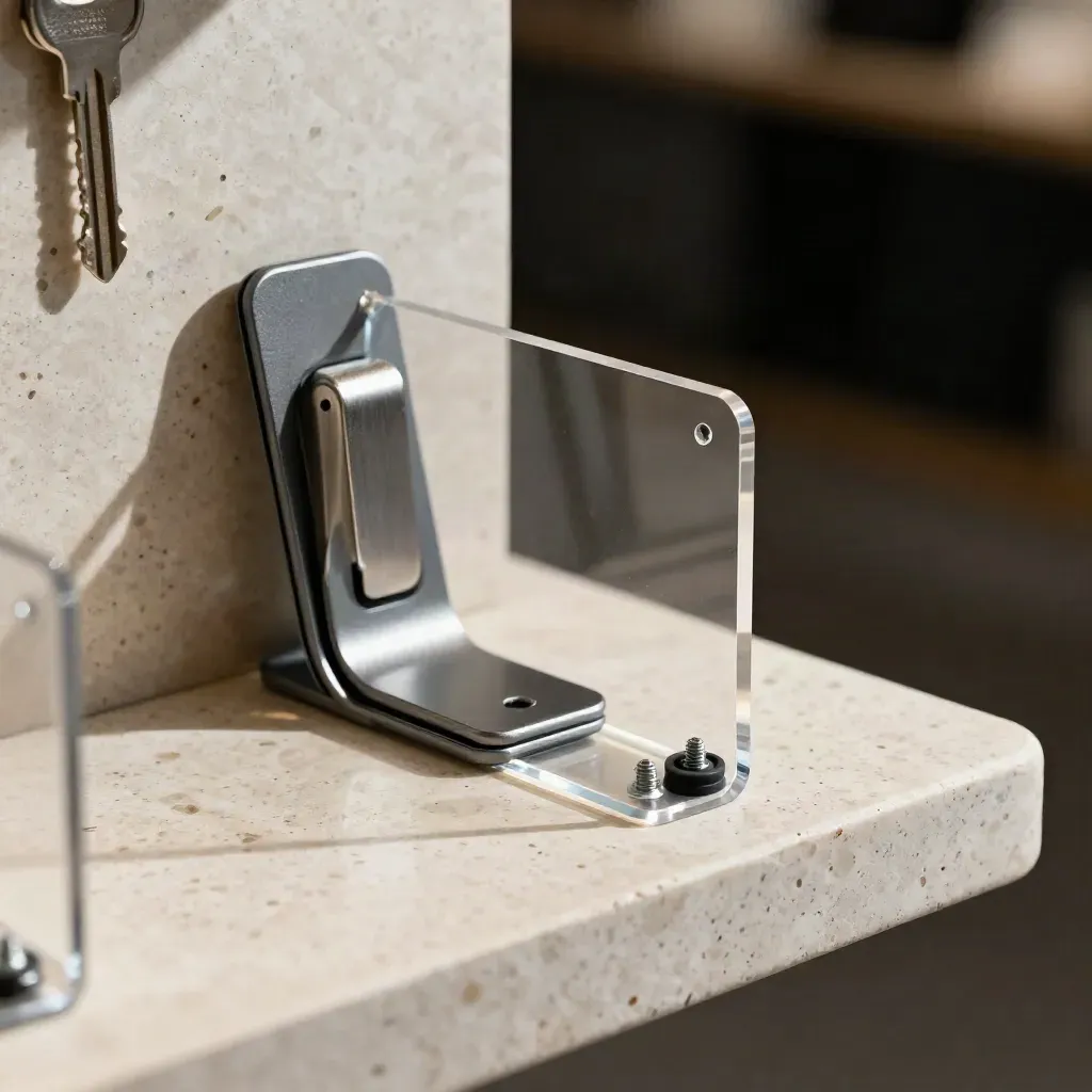 Macro still life of graphite retail display hardware on travertine, with a bracket, clip, and folded plexi stand.