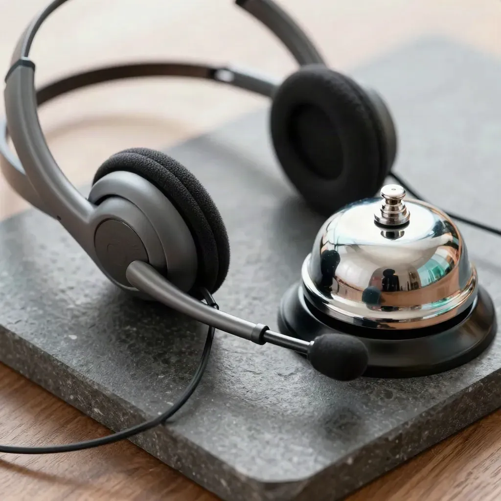 Overhead macro of a support headset, coiled cable, and tiny desk bell on graphite stone.