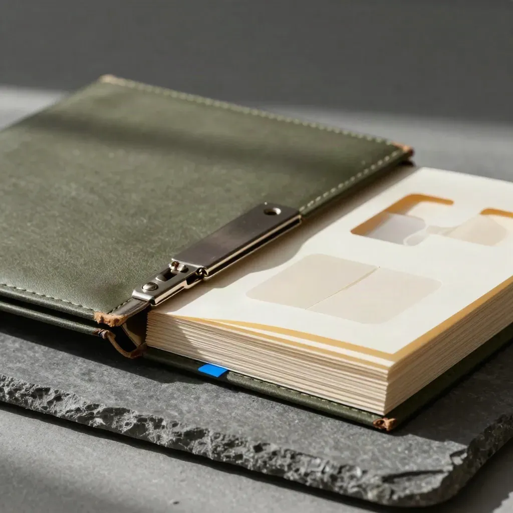 Spring clip folder with die-cut cards and adhesive tabs on graphite stone under dramatic light.