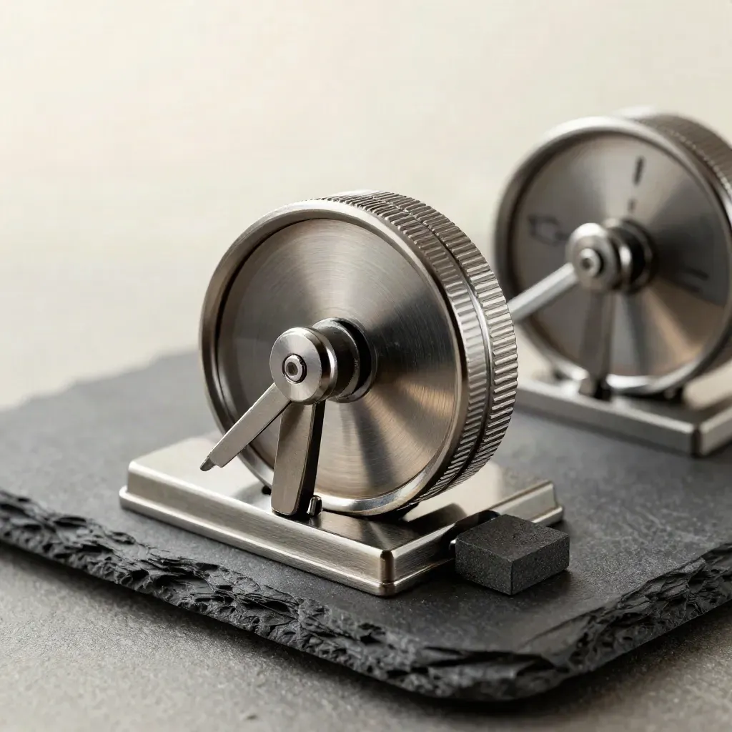 Brushed-metal tally counter with knurled wheel and alignment block on a dark stone surface.