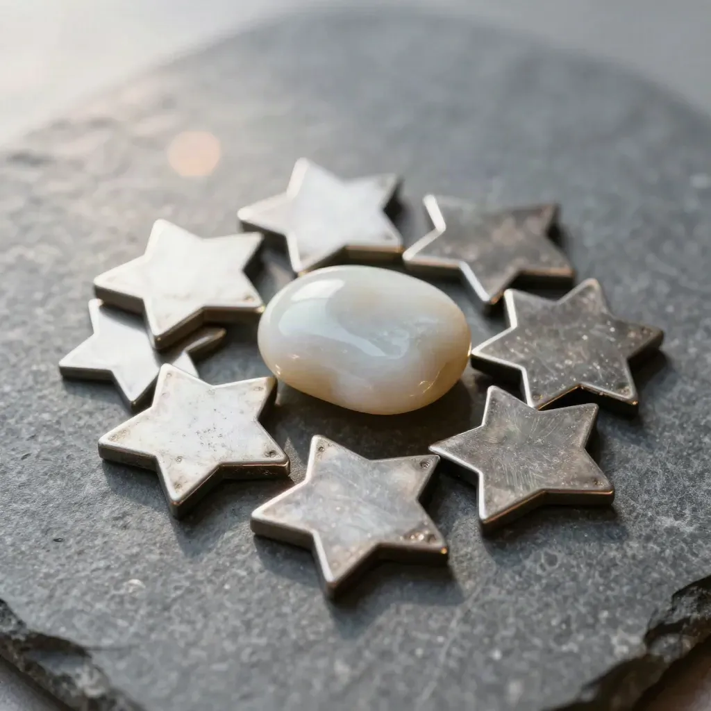 Metal star tokens and a ceramic pebble on graphite stone, lit from above.