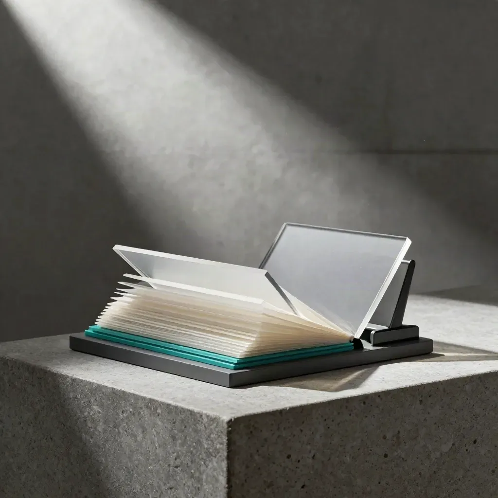Tiered acrylic pricing cards with graphite clips on a limestone plinth, lit dramatically from above.