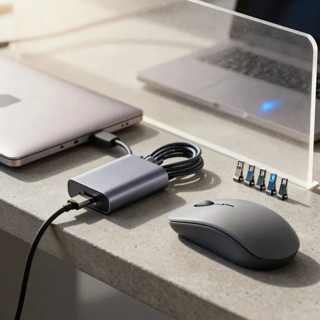 Closed laptop edge, charging leads, USB hub, mouse and cable clips behind frosted acrylic.
