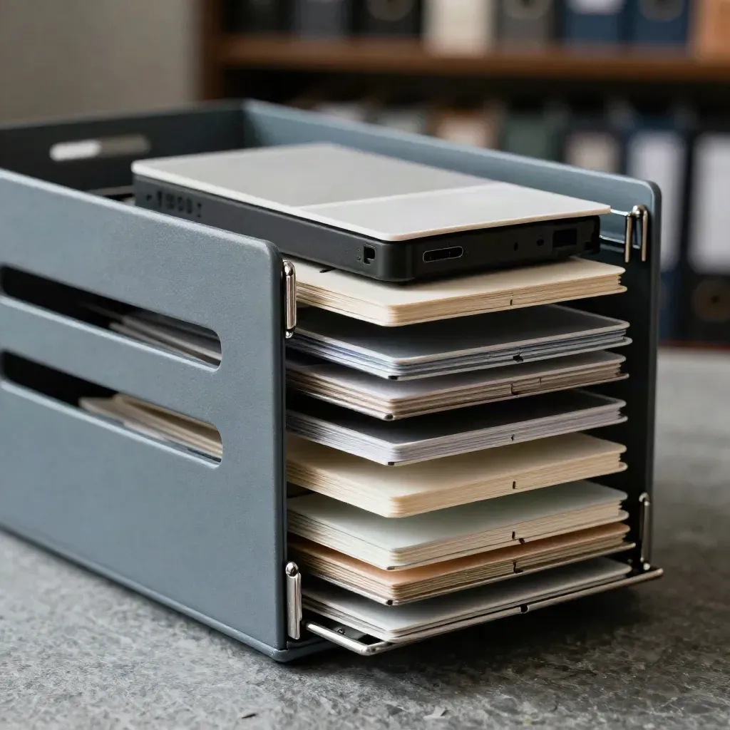 Modular file boxes, swatch chips, SSD case and clip rails on a slate studio surface.