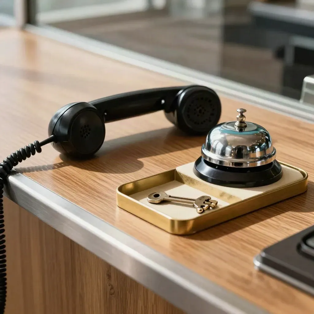 Top-down close-up of a handset cradle, service bell and key tray on a honey-oak counter.