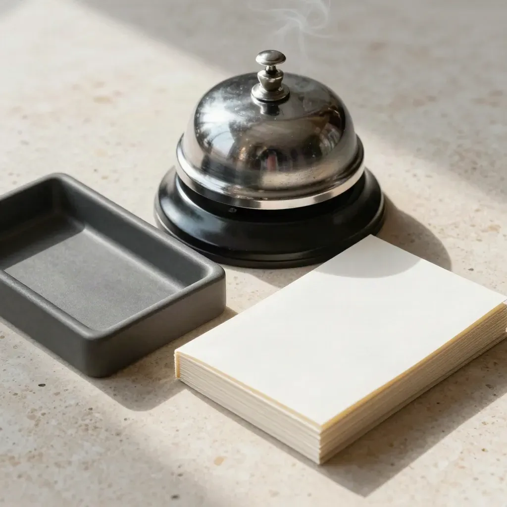 Overhead still life of a service bell, ticket tray, and folded note holder on pale stone