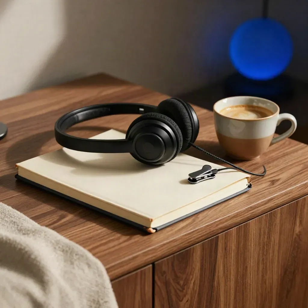 Closed notebook, headset, espresso cup and cable clip on a walnut sideboard in dramatic studio light.