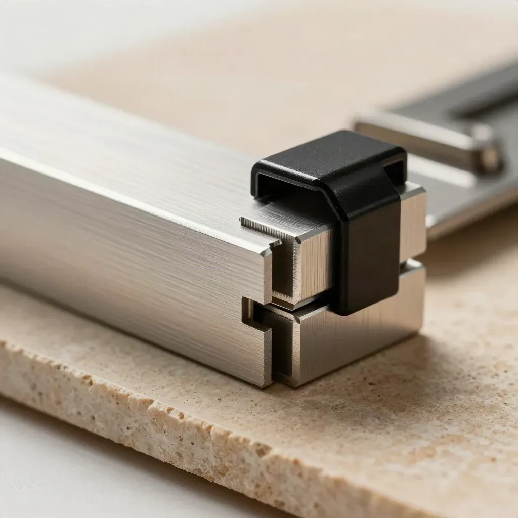 Macro of aluminium blocks joining with a matte black spring clip on a limestone slab