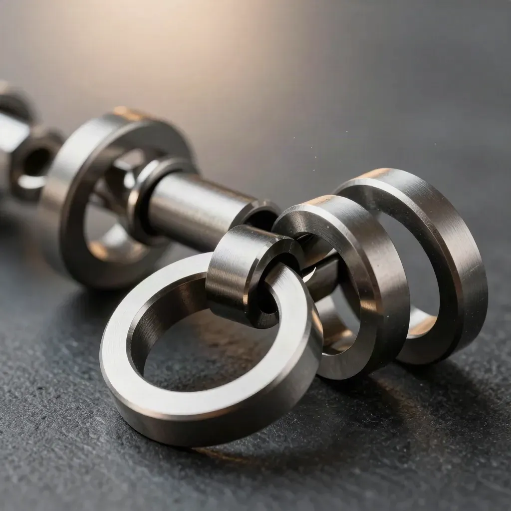 Steel rings and a magnetic connector bridge on dark graphite stone, top-down.