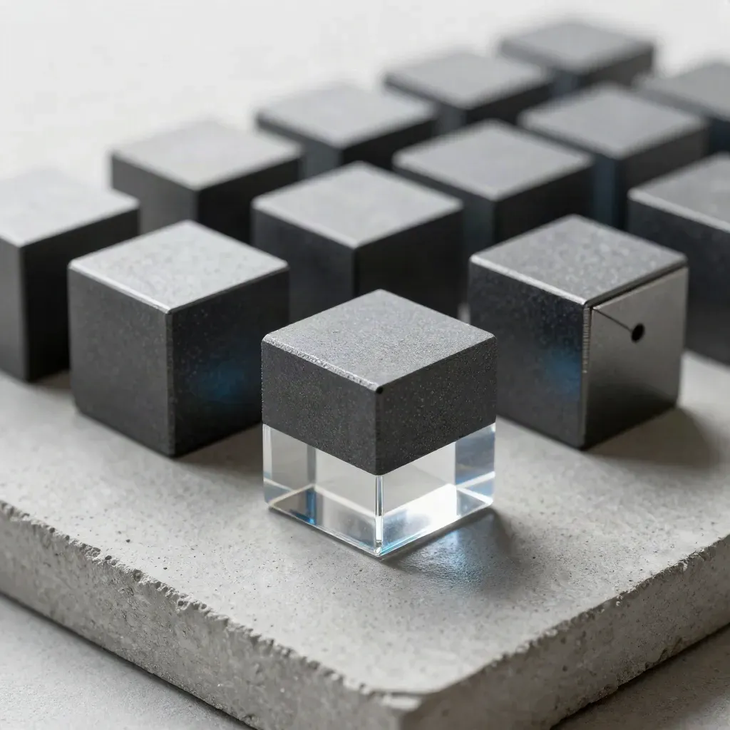 Graphite cubes, acrylic spacer, and folded tab on concrete in a modular close-up.