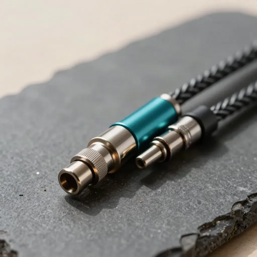 Overhead still life of precision connectors and cable ends with a teal accent on graphite stone.