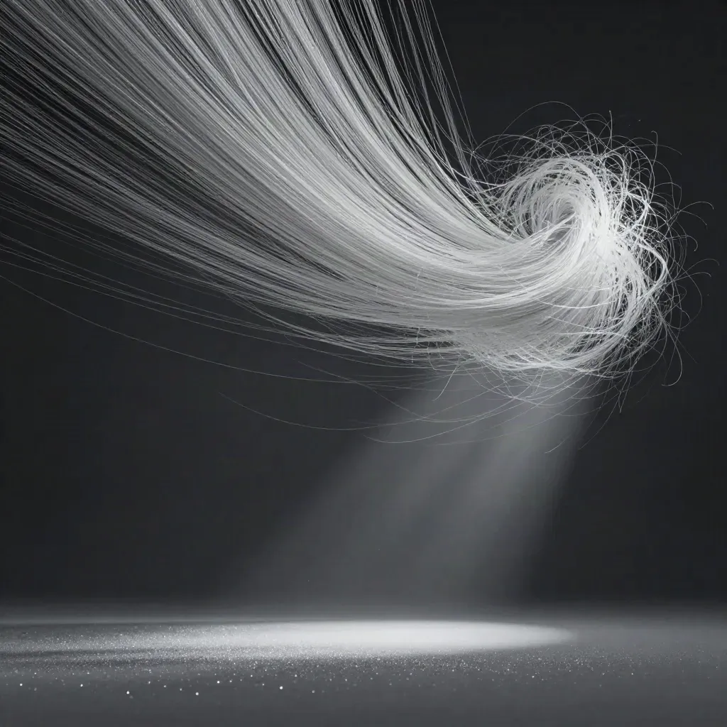 Silver filaments bloom softly in dark graphite haze with calm empty space below.